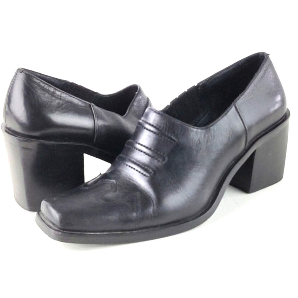 Vintage Connie Showdown Black Leather Square Toe Western Block Heel Bootie